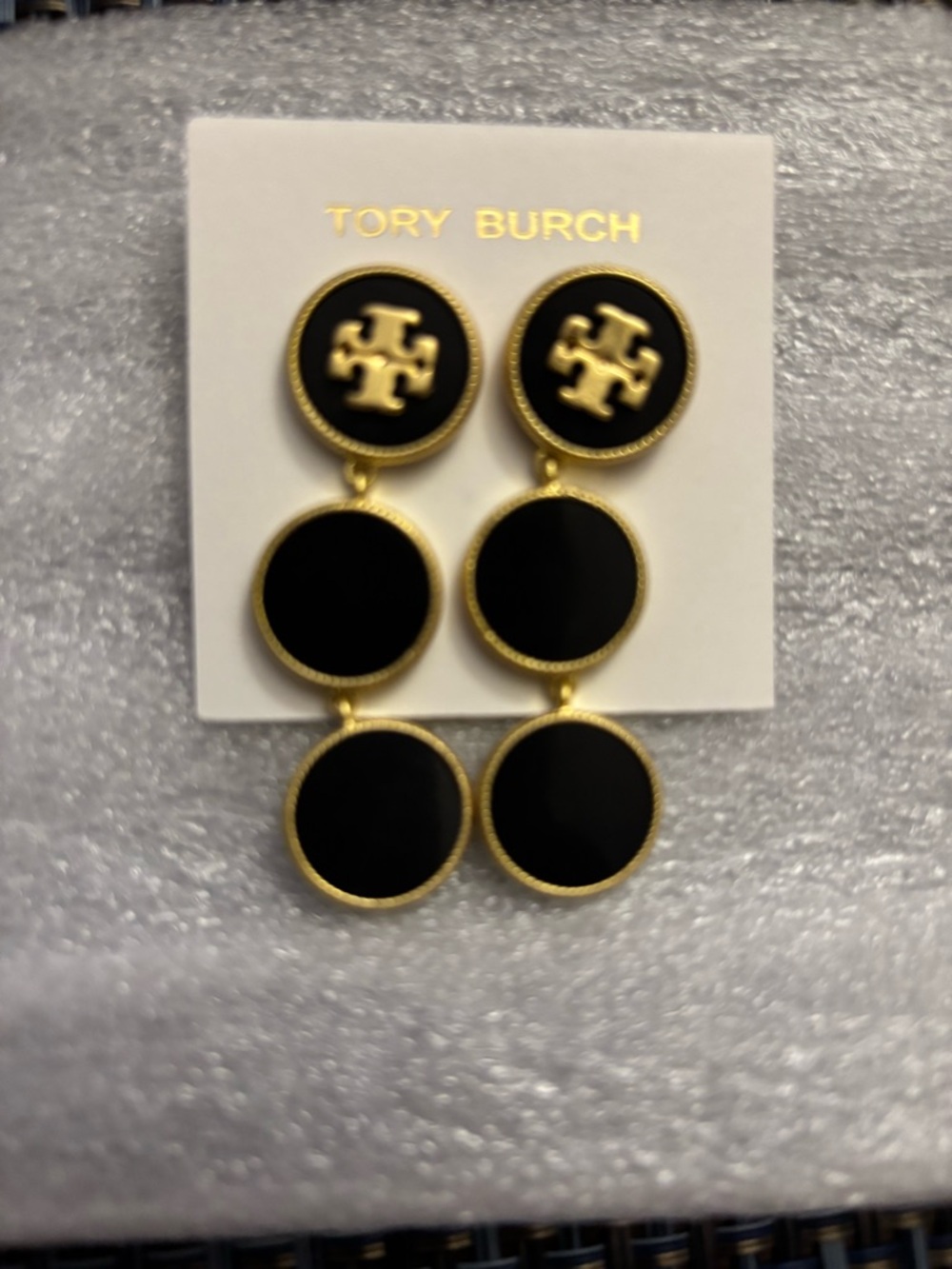 Tory Burch Black and Gold Three-Tier Logo Drop Earrings, BNWT